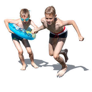 two cut out boys by the pool jumping into the water