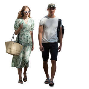 cut out man and woman in tree shade walking side by side