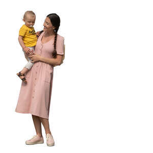 cut out woman in a pink dress standing and holding her baby boy