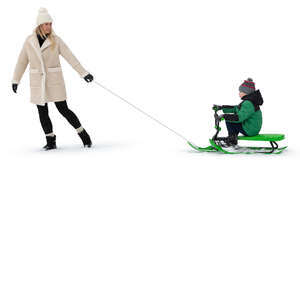 cut out mother pulling a sledge with her son
