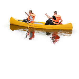 two cut out  people riding a kayak