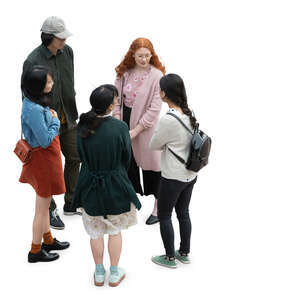 cut out group of five people standing and talking seen from above