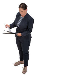 cut out woman standing and reading meeting notes seen from above