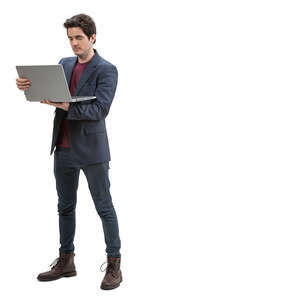 cut out man standing and holding a laptop