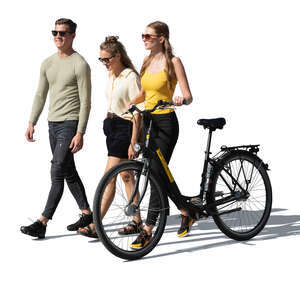 cut out woman with a bicycle walking with two friends