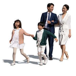 cut out asian family with two kids walking on a summer day