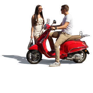 cut out man with a red vespa talking to a woman