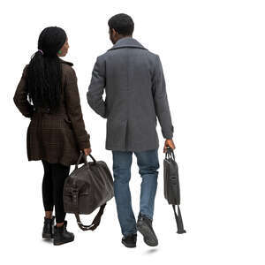 cut out man and woman carrying travel bags walking
