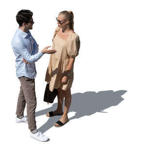 cut out man and woman standing and talking seen from above