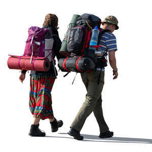 two cut out people with big hiking bags walking