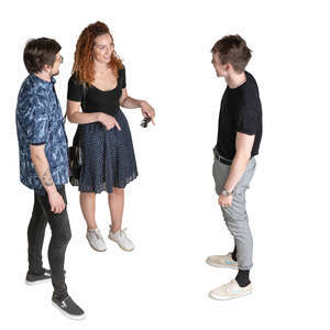 three cut out people standing and talking seen from above