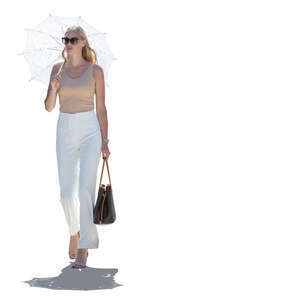 cut out woman with a white parasol walking