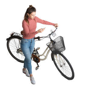 cut out woman with a bicycle standing seen from above