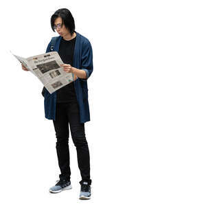 cut out asian man standing and reading a newspaper