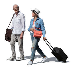 cut out elderly couple with suitcases walking