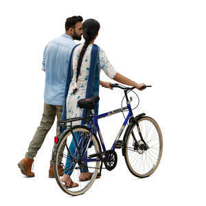 cut out indian couple with a bicycle walking