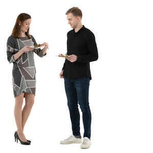 cut out man and woman standing in a buffet and eating and talking