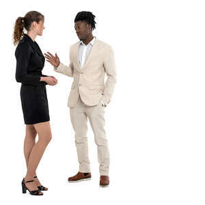 cut out man in a white suit talking to a woman in a black dress