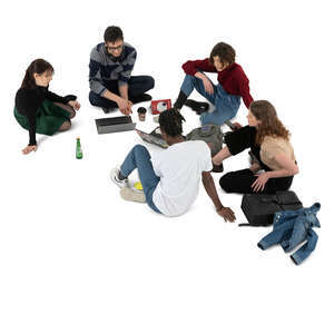 cut out group of college student sitting on the gorund and studying