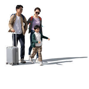 cut out asian family with travel bags walking