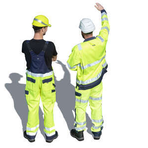 two construction workers standing seen from above