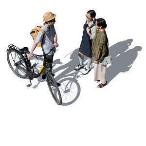 three cut out asian friends standing and talking seen from above