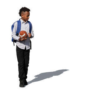 cut out black kid with a football ball walking
