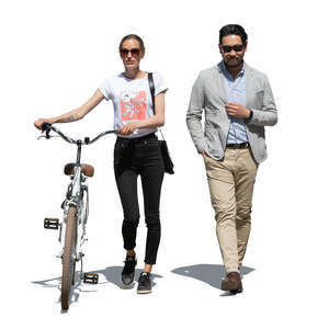cut out man and woman with a  bike walking side by side