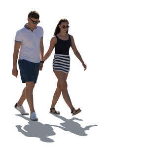 cut out backlit man and woman walking and holding hands