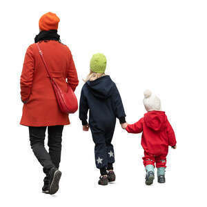 cut out mother with two kids walking in autumn