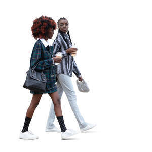 two cut out young black women with go-to-coffees walking