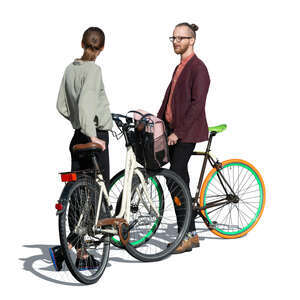 cut out man and woman with bicycles standing and talking