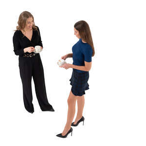 cut out top view of two women standing and drinking coffee