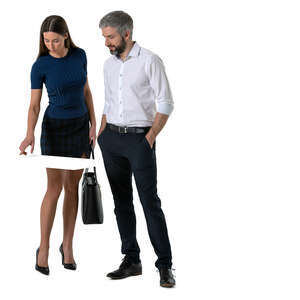 cut out man and woman looking something at a table