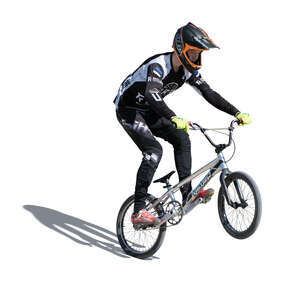 cut out young man with a helmet riding a trick bike
