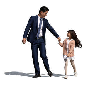 cut out asian man walking hand in hand with his daughter