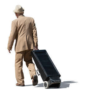 cut out elderly man in a brown suit and retro suitcase walking