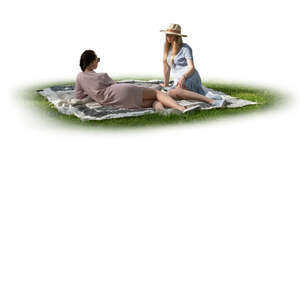 two cut out women sitting in a park on the grass under a tree shadow