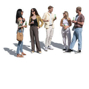 cut out group of five young people standing and drinking and talking