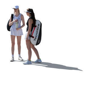 two cut out female tennis players standing and talking