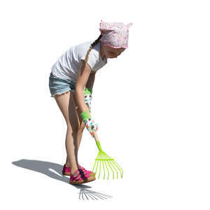 cut out little girl with a rake working in the garden