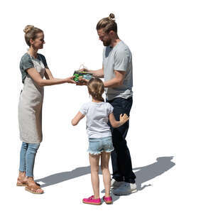 cut out man with a daughter buying grapes on farmers market