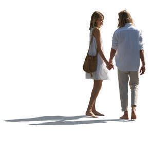 cut out backlit couple in white summer clothes walking hand in hand