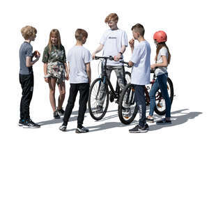 cut out group of children with bikes standing and talking