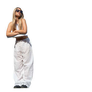 cut out woman standing on a balcony and leaning on a railing