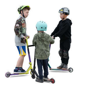 three cut out boys with scooters standing and talking