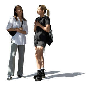 two cut out women in partial sunlight standing and talking