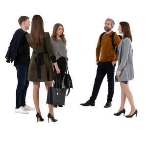 cut out group of five people standing and talking