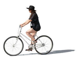 cut out woman in a black dress and hat riding a bike
