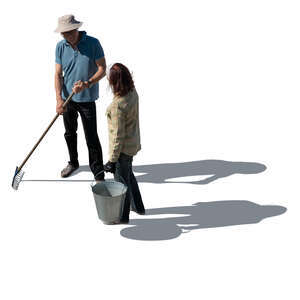 cut out top view of an elderly man and woman working in the garden